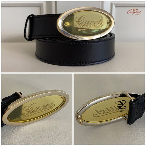 Authentic GUCCI Black Calfskin Leather Gold Script Oval Buckle Belt Size 90/36 main image 7